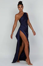 Women's One Shoulder Evening Maxi Gown – High Slit Formal Dress