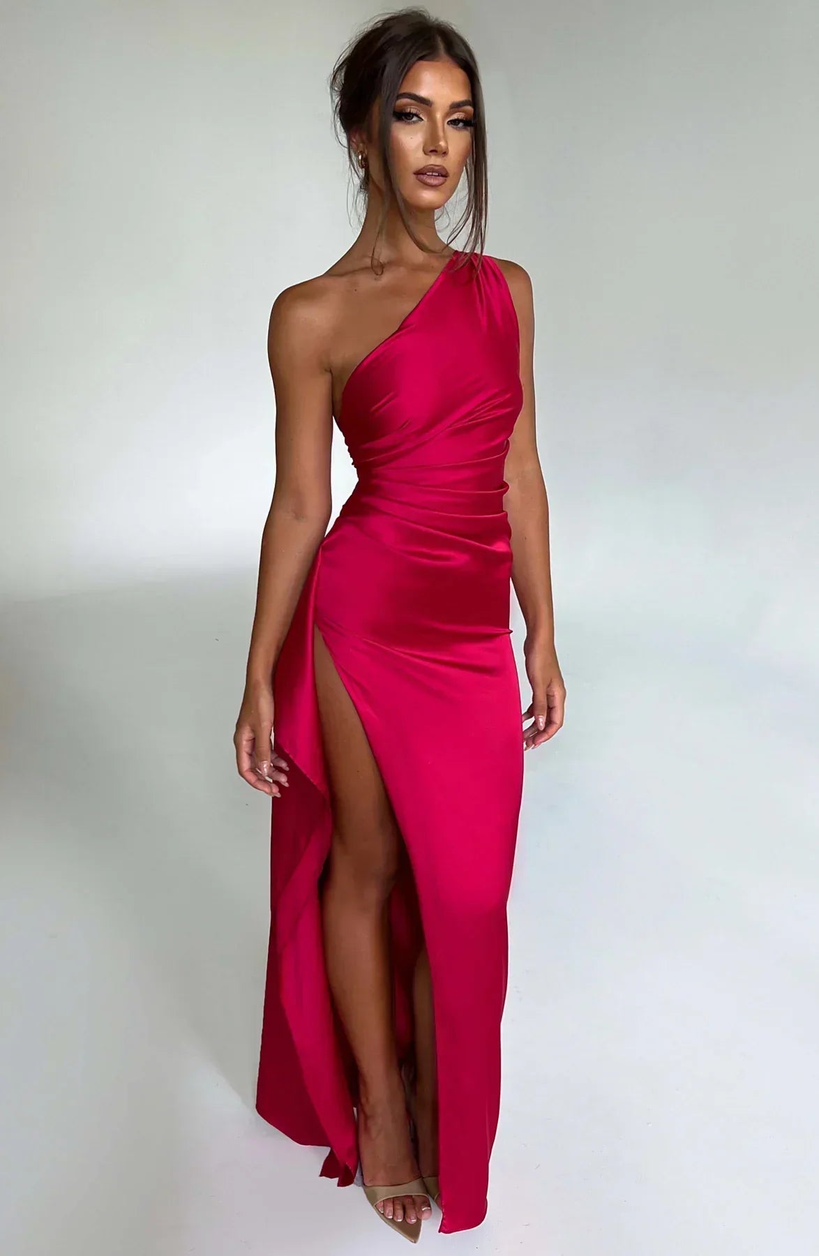 Women's One Shoulder Evening Maxi Gown – High Slit Formal Dress