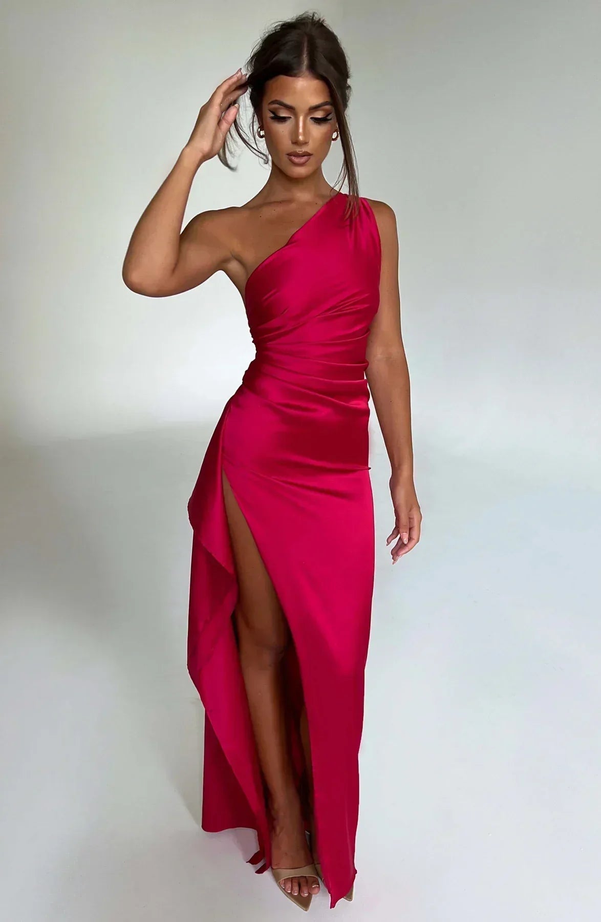 Women's One Shoulder Evening Maxi Gown – High Slit Formal Dress