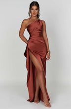 Women's One Shoulder Evening Maxi Gown – High Slit Formal Dress