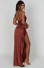 Women's One Shoulder Evening Maxi Gown – High Slit Formal Dress