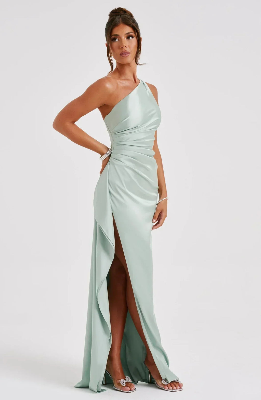 Women's One Shoulder Evening Maxi Gown – High Slit Formal Dress