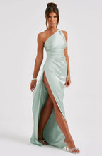 Women's One Shoulder Evening Maxi Gown – High Slit Formal Dress