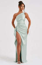 Women's One Shoulder Evening Maxi Gown – High Slit Formal Dress