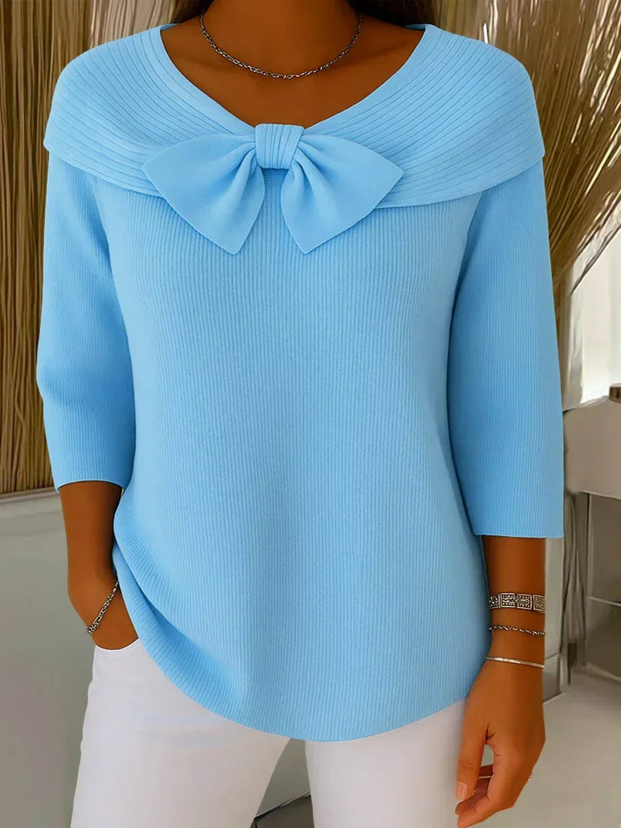 Women's Bow Neck Knit Top – Fitted Long Sleeve Dressy Sweater Top