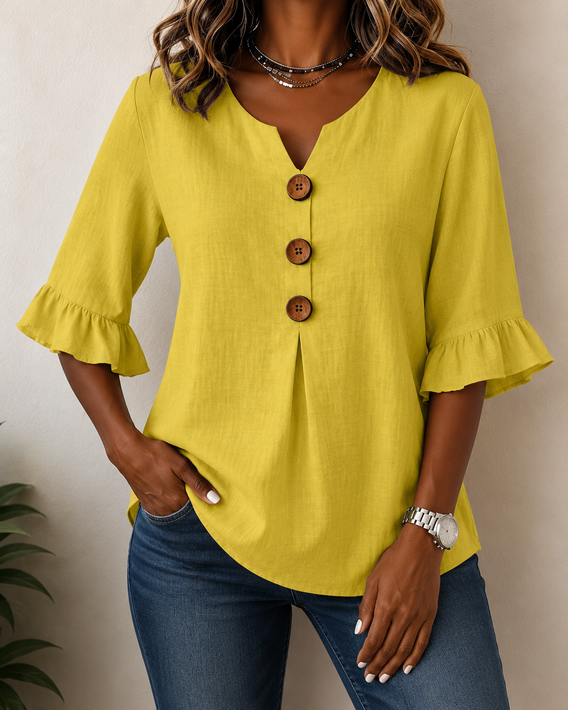 Women's Ruffle Front Blouse – Button Detail Flowy Long Sleeve Blouse