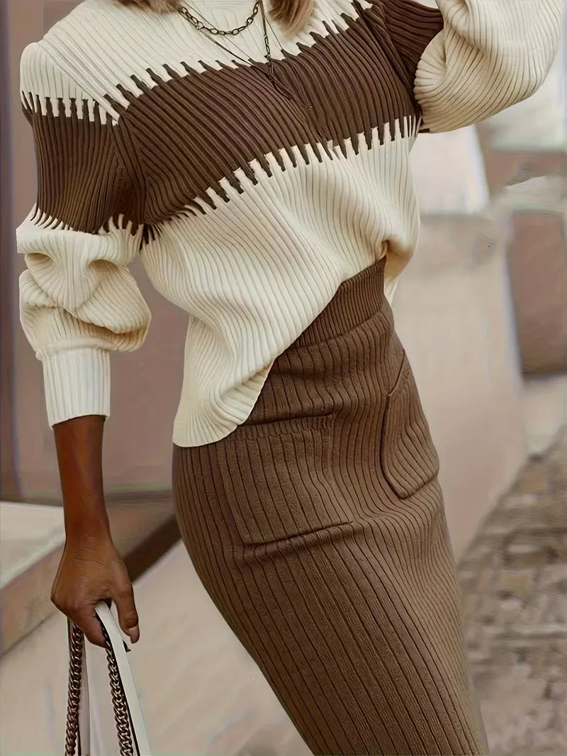 Women's Ribbed Sweater Set – Matching Knit Skirt Set