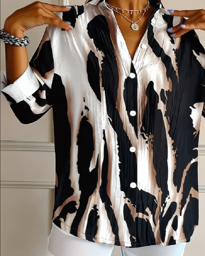 Women's Asymmetrical Print Blouse – Stand Collar Long Sleeve Blouse