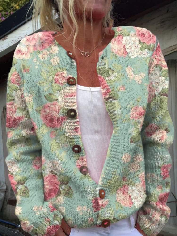 Women's Floral Embroidered Knit Cardigan – Button Front Long Sleeve Cardigan