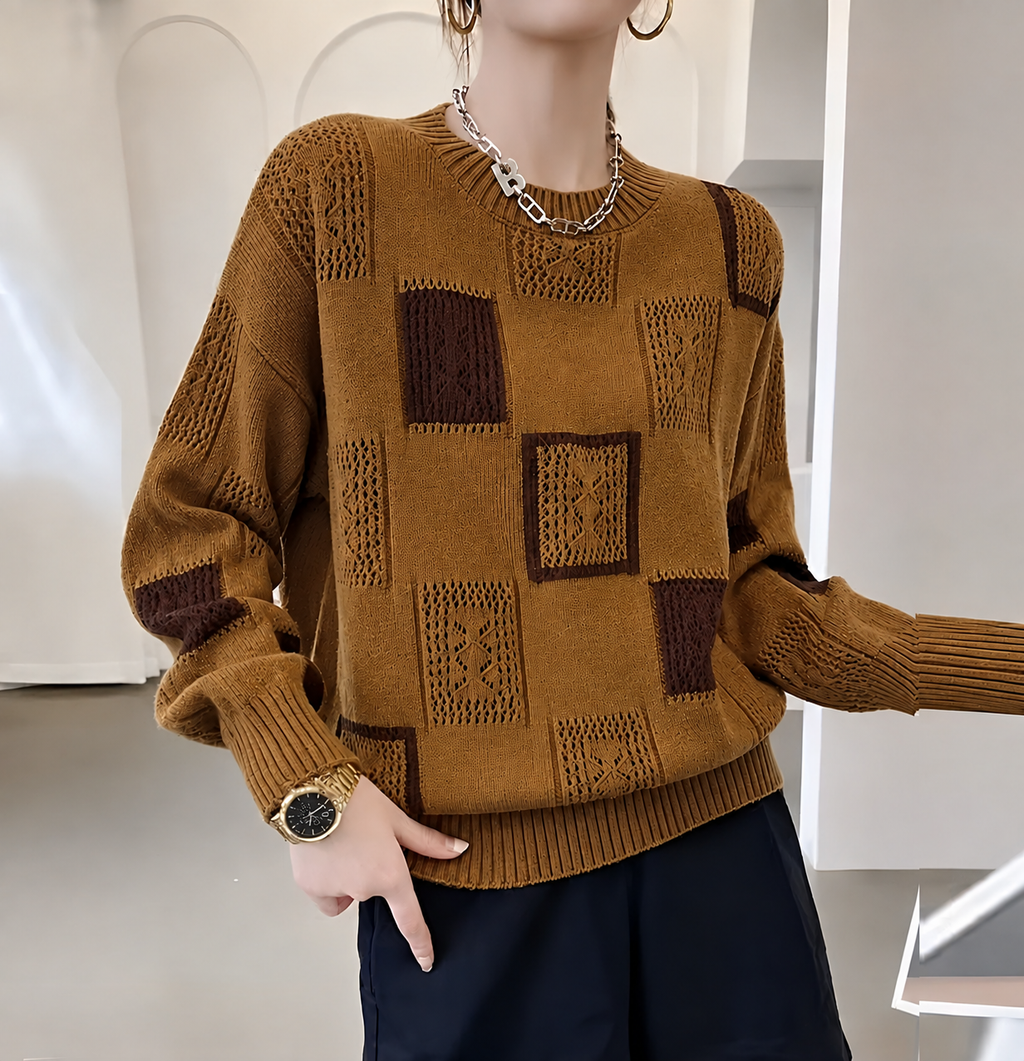 Women's Patterned Patchwork Sweater – Contrast Long Sleeve Knit Pullover