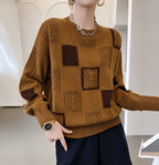 Women's Patterned Patchwork Sweater – Contrast Long Sleeve Knit Pullover