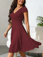 Women's V-Neck A-Line Dress – Short Sleeve Knee Length Pocket Dress