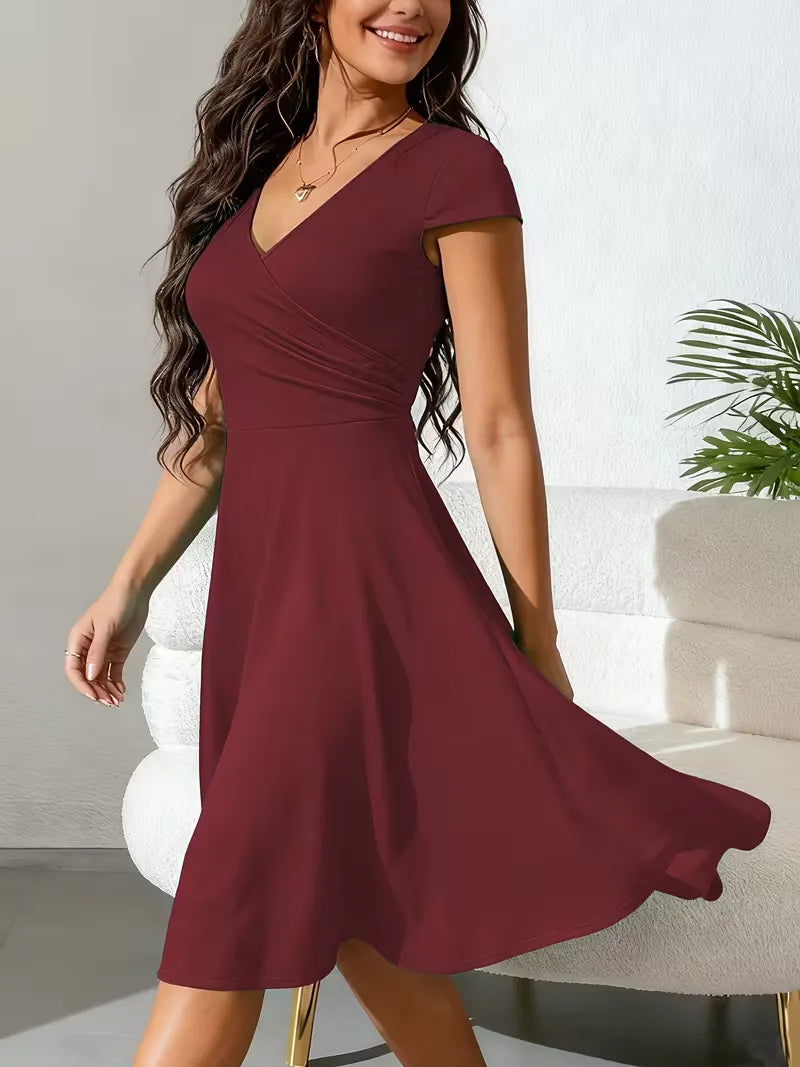 Women's V-Neck A-Line Dress – Short Sleeve Knee Length Pocket Dress