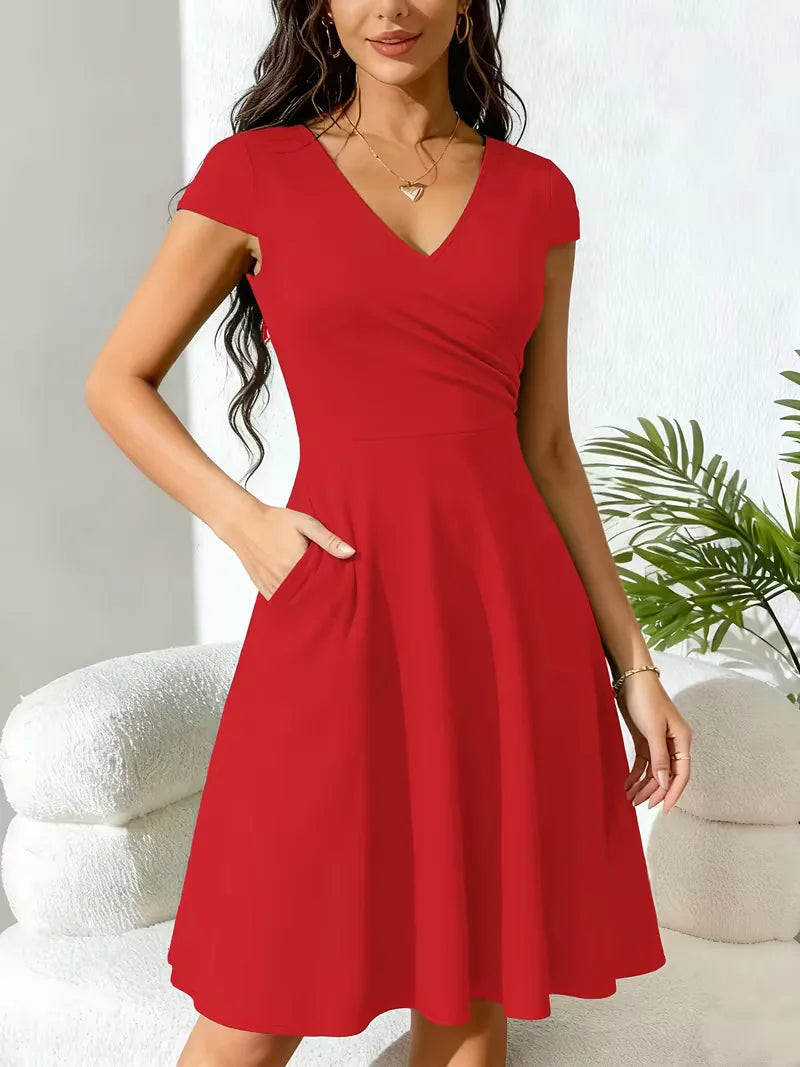 Women's V-Neck A-Line Dress – Short Sleeve Knee Length Pocket Dress