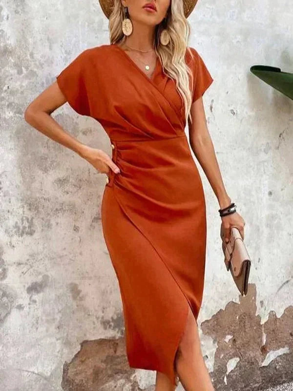 Women's Cutout Wrap Midi Dress – V-Neck Fitted Cocktail Occasion Dress