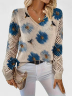 Women's Floral V-Neck Cardigan – Lightweight Flower Knit Cardigan