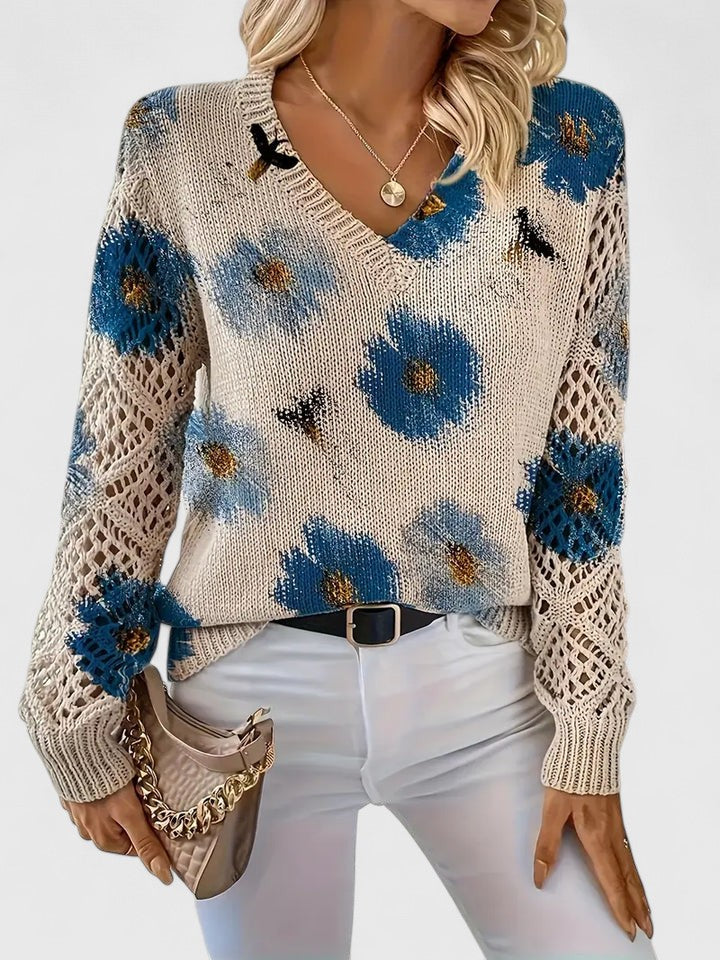 Women's Floral V-Neck Cardigan – Lightweight Flower Knit Cardigan