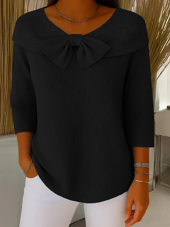 Women's Bow Neck Knit Top – Fitted Long Sleeve Dressy Sweater Top