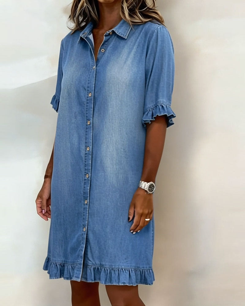 Women's Flounce Sleeve Shirt Dress – Button Front Knee-Length Dress