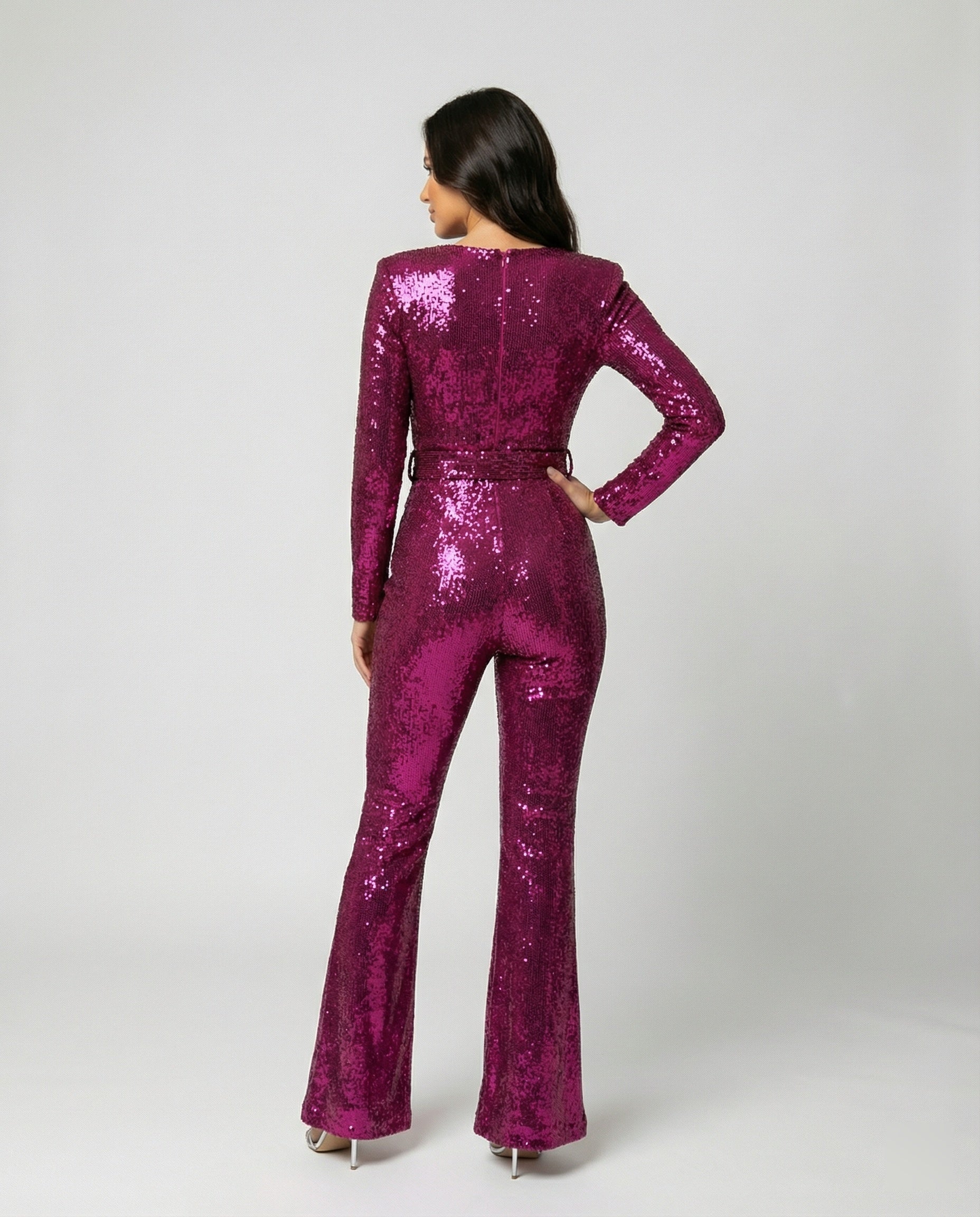 Women's Sequin Cocktail Jumpsuit – Fitted Long Sleeve Party Jumpsuit