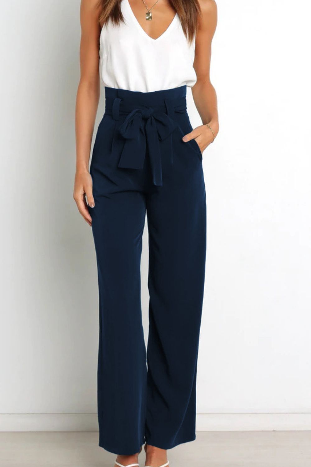 Women's High Waist Paperbag Pants – Bow Waist Wide Leg Trousers