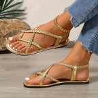 Women's Flat Sandals with Braided Straps and Cutout Design
