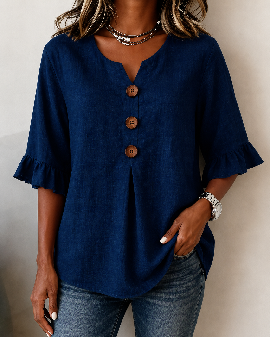Women's Ruffle Front Blouse – Button Detail Flowy Long Sleeve Blouse