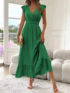Women's V-Neck Tiered Maxi Dress – Short Sleeve Smocked Waist Evening Dress