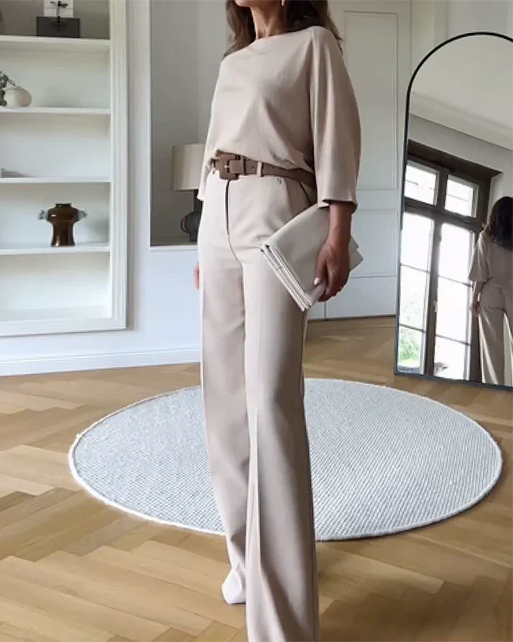 Women's Tailored Wide Leg Pants Set – Relaxed Top & Dressy Trousers