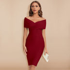 Women's Off Shoulder Wedding Guest Bodycon Dress – V-Neck Fitted Cocktail Dress