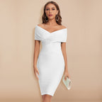 Women's Off Shoulder Wedding Guest Bodycon Dress – V-Neck Fitted Cocktail Dress