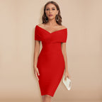 Women's Off Shoulder Wedding Guest Bodycon Dress – V-Neck Fitted Cocktail Dress