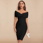 Women's Off Shoulder Wedding Guest Bodycon Dress – V-Neck Fitted Cocktail Dress