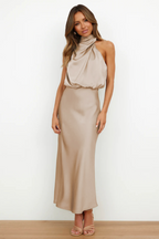 Women's Formal Asymmetrical Midi Dress – Fitted Statement Neck Occasion Dress