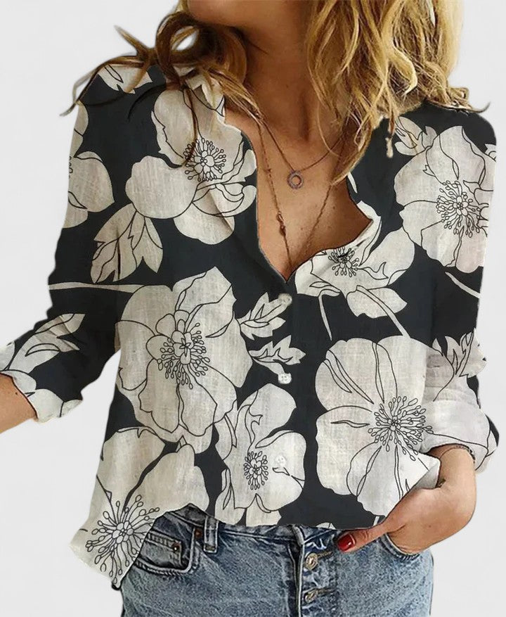 Women's Button Blouse with V Neckline and Roll-Up Sleeves