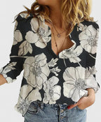 Women's Button Blouse with V Neckline and Roll-Up Sleeves
