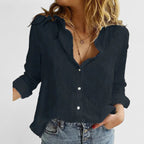 Women's Button Blouse with V Neckline and Roll-Up Sleeves