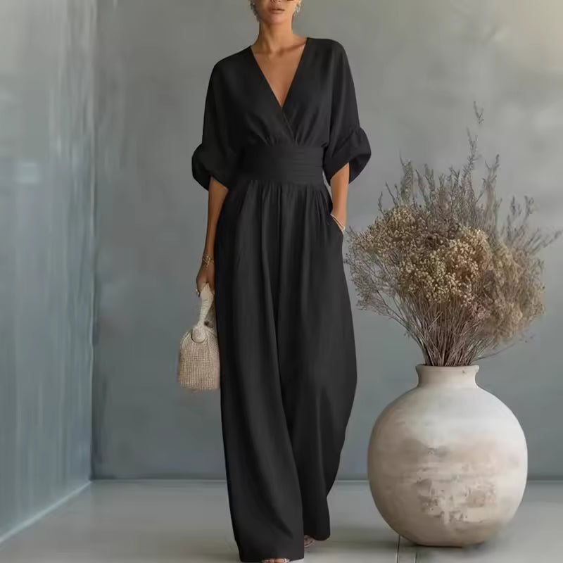 Women's V-Neck Wide Leg Jumpsuit – High Waist Pocket Formal Jumpsuit