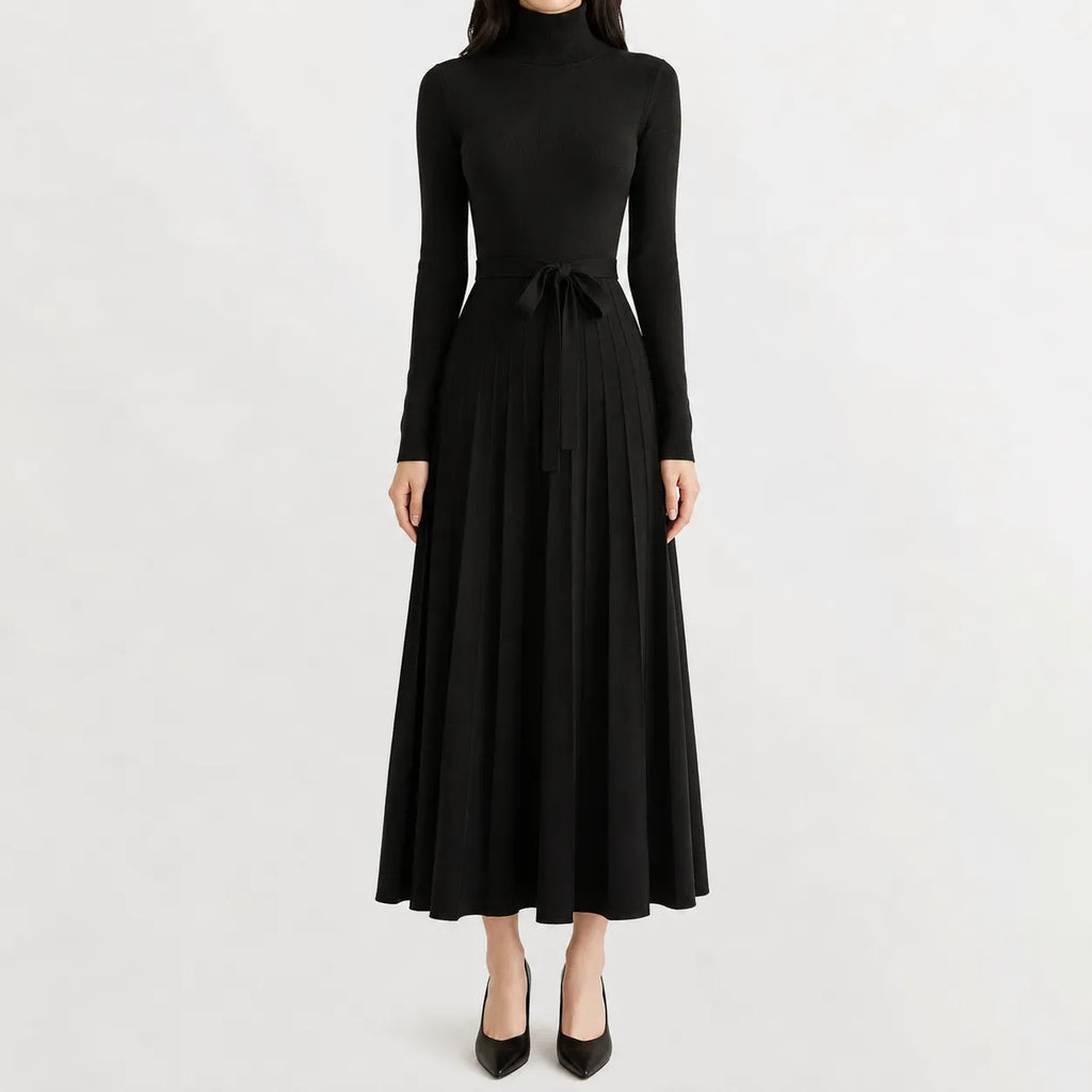 Women's Turtleneck Knit Dress – Long Sleeve Belted Flared Dress