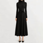 Women's Turtleneck Knit Dress – Long Sleeve Belted Flared Dress