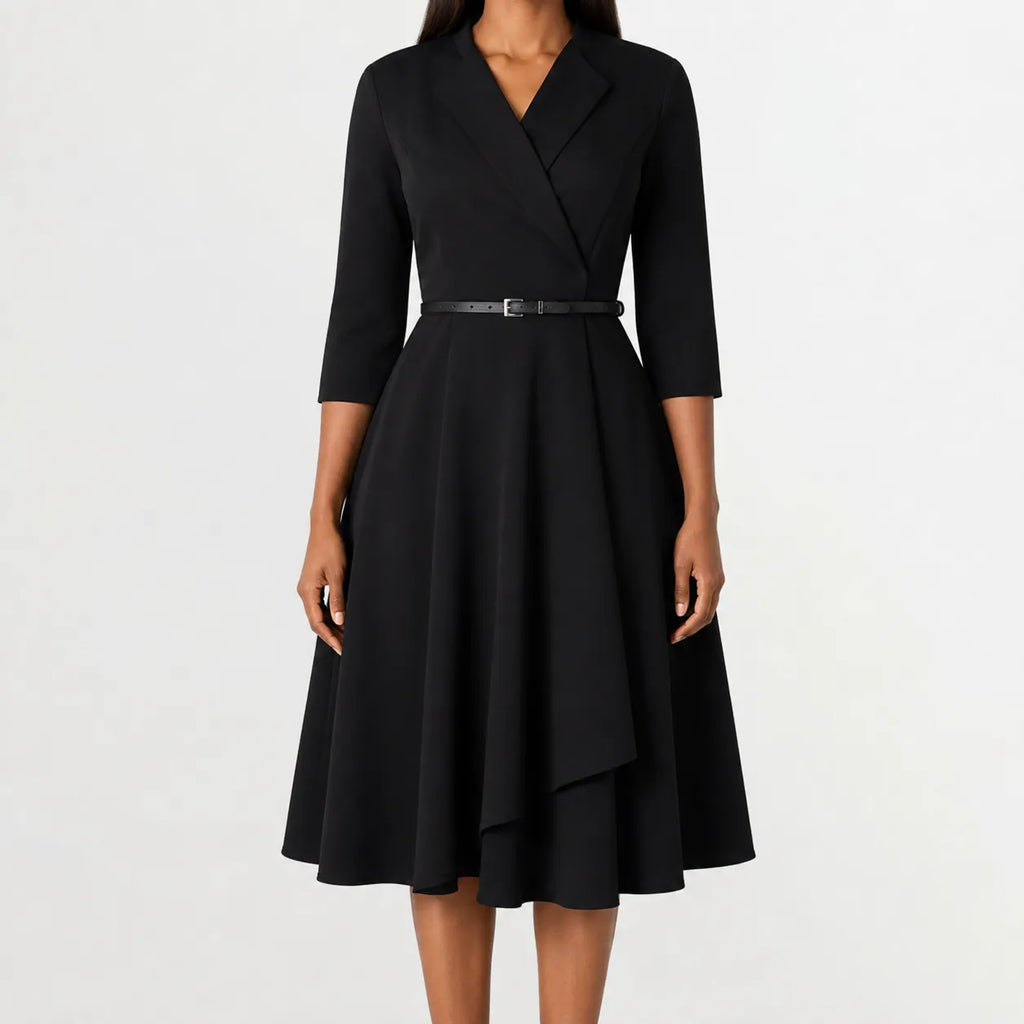 Women's V-Neck Belted A-Line Dress – Three Quarter Sleeve Casual Dress