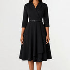 Women's V-Neck Belted A-Line Dress – Three Quarter Sleeve Casual Dress