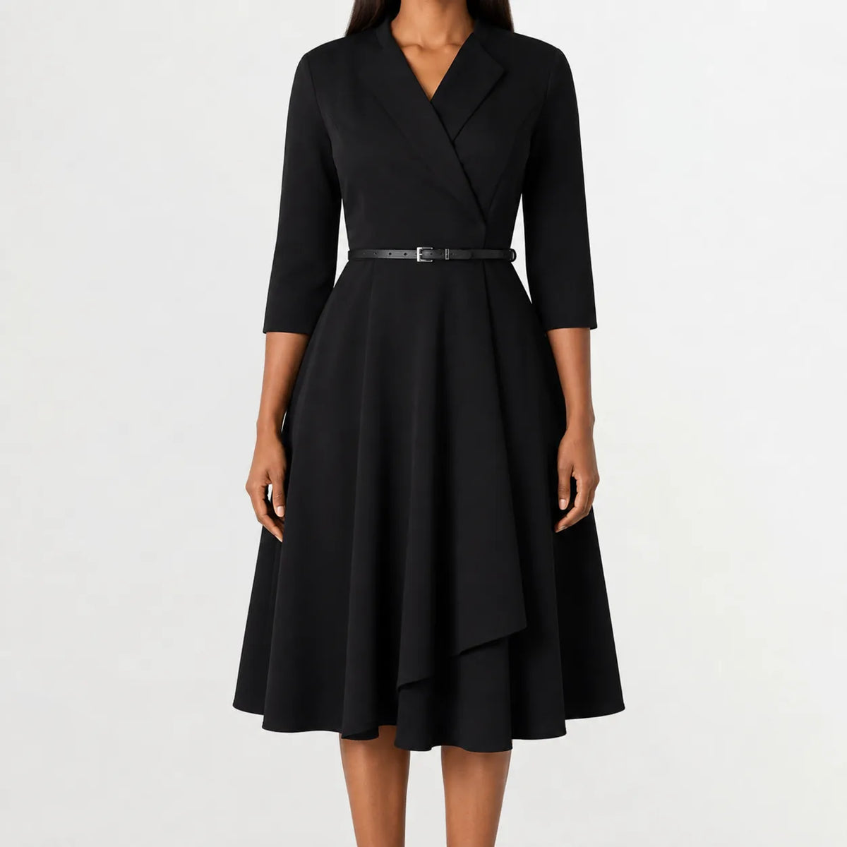 Women's V-Neck Belted A-Line Dress – Three Quarter Sleeve Casual Dress
