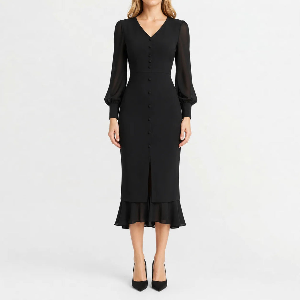 Women's Black V-Neck Dress – Long Sleeve Ruffle Hem Dress