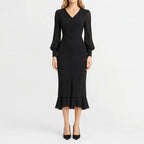 Women's Black V-Neck Dress – Long Sleeve Ruffle Hem Dress