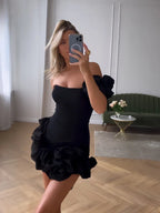 Women's Floral Applique Cocktail Dress – Ruffle Strap Embellished Mini Dress