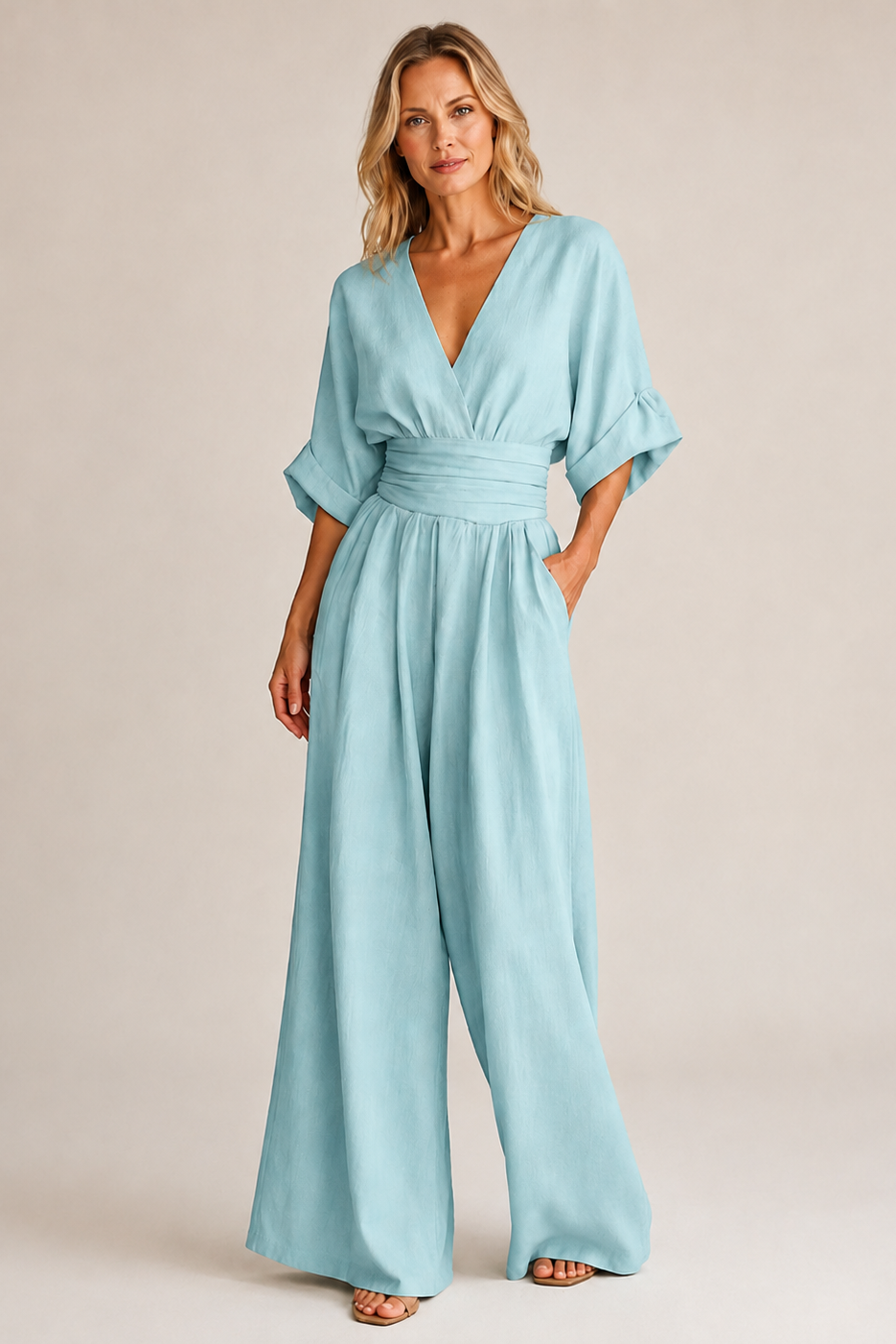 Women's Wide Leg Jumpsuit – Three-Quarter Sleeve Jumpsuit