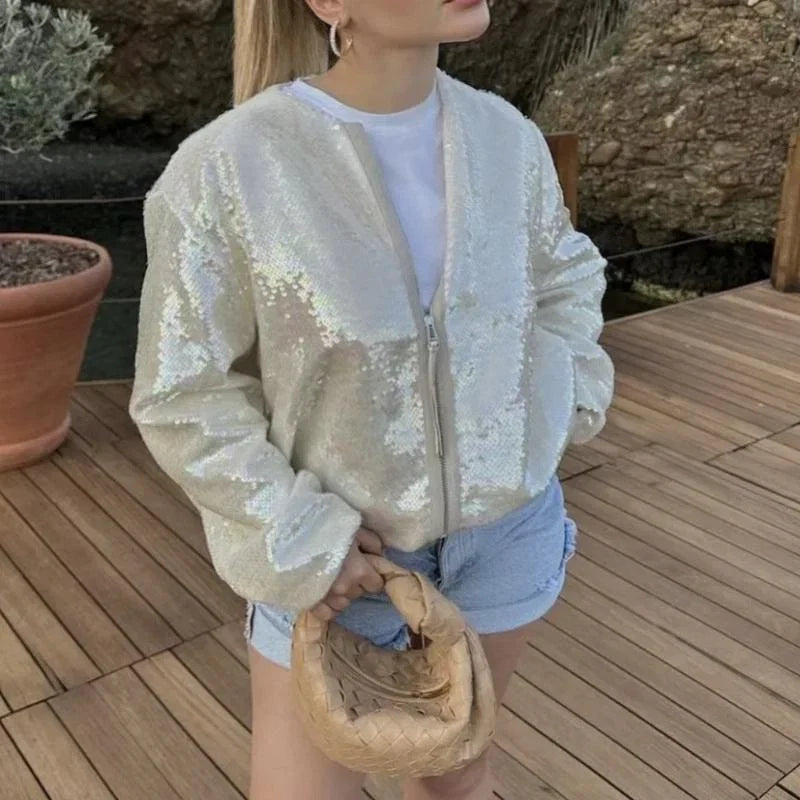 Women's Sparkle Bomber Jacket – Sequin Zip Front Statement Jacket