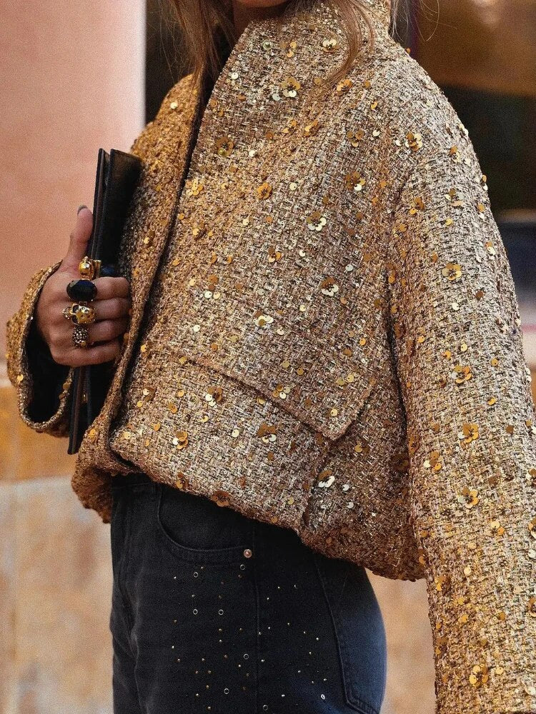 Women's Sequin Party Bomber – Gold Sparkle Zip Front Jacket