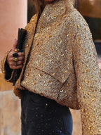 Women's Sequin Party Bomber – Gold Sparkle Zip Front Jacket
